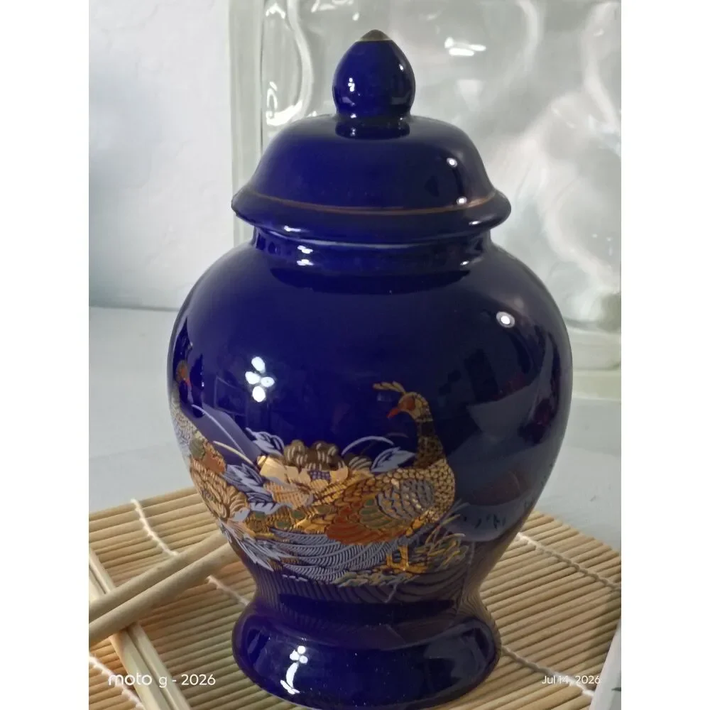 Vintage Cobalt Blue Ginger Jar Peacock Floral Gold Trim Japanese Style 6
